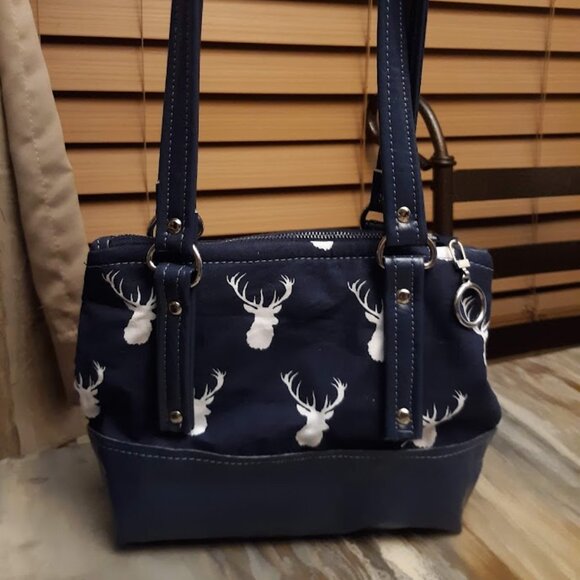 New Vinyl Double handle Shoulder Satchel Bag Purse Navy Blue White Deer Western - Picture 1 of 12